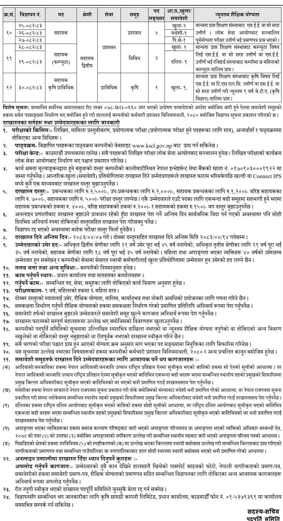 Krishi Samagri Company Limited Vacancy Notice 2083