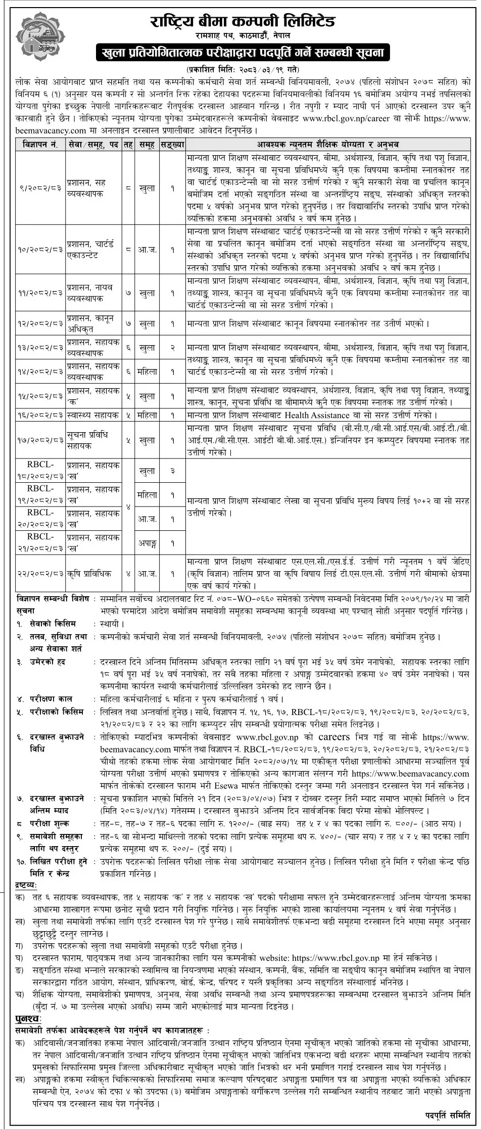 Rastriya Beema Company Limited Vacancy Notice 2083